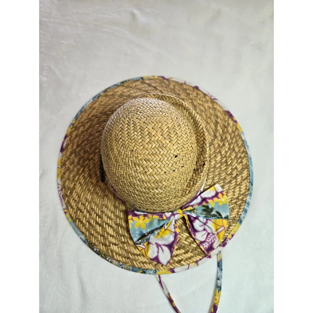 Straw Sun Hat‎ Wide Brim Floral Bow Trim Medium Vacation Beach Resortwear